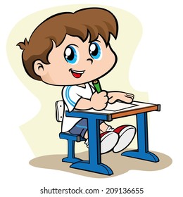 Illustration depicting a child holding a pencil and writing on a sheet of paper on a desk at school