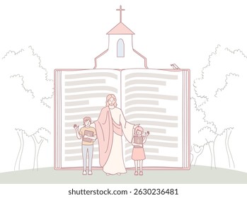 An illustration depicting children with Jesus, highlighting the themes of faith and scripture in a church environment