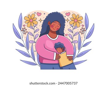  Illustration depicting children and their mom embracing each other in a loving hug, capturing the joyous moments of togetherness and unity shared between parent and child.