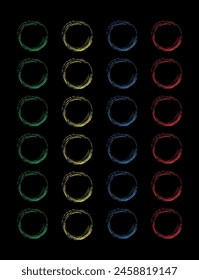Illustration depicting a children's game twister, with colored circles drawn with crayons on a black background