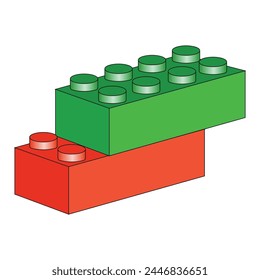 Ilustración que representa un constructor de juguete Lego para niños en colores verde y rojo sobre un fondo blanco