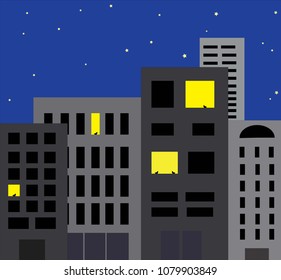 An illustration depicting a city night scene with tall buildings, and a few windows with lights on inside. In these window black cats are sitting on the window frame.