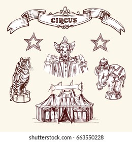 Illustration depicting clown, circus animals and  circus tent.  Image in the style of a circus vintage, drawing by hand. Vector drawing.
