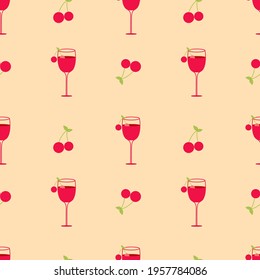 Illustration depicting a cocktail with cherries and a green leaf on a brown background. Seamless vector background. Wallpaper. Screensaver.