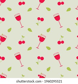 Illustration depicting a cocktail with cherries and a green leaf on a green background. Seamless vector background. Wallpaper. Screensaver.