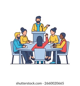 Illustration depicting a collaborative meeting setting showcasing business professionals gathered around a table engaging in a presentation and discussion teamwork and brainstorming for