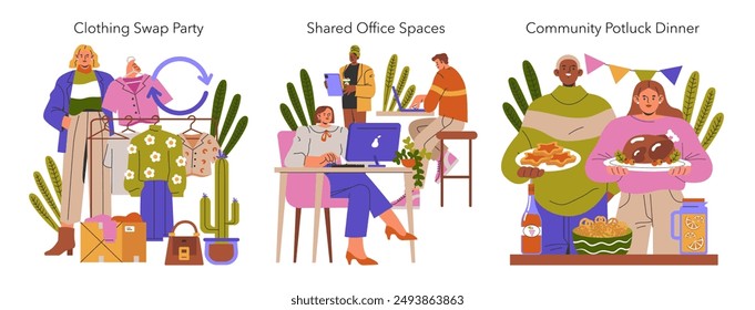 Illustration depicting community events with a clothing swap party, shared office space, and community potluck dinner.