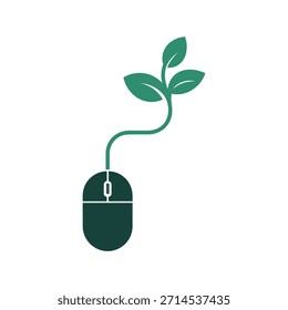 Una ilustración que representa un ratón de computadora con una planta que brota de él, que simboliza el crecimiento y la integración de la tecnología en la naturaleza. La planta tiene varias hojas verdes, enfatizando la fusión de
