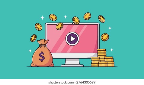 Illustration depicting a computer screen with a play button, surrounded by falling coins and a money bag, symbolizing online video monetization and digital content earnings.
