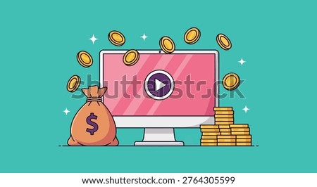 Illustration depicting a computer screen with a play button, surrounded by falling coins and a money bag, symbolizing online video monetization and digital content earnings.