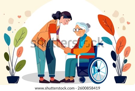 An illustration depicting the concept of elderly care. A compassionate caregiver gently assisting an elderly person, conveying warmth, support, and kindness. The setting is calm and comforting. Vector