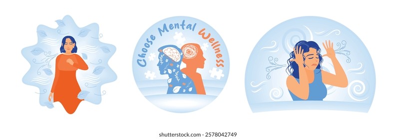 Illustration depicting the concept of mental health. Describes self-care, emotional balance, and mindfulness practices for well-being. Mental Health concept. Set flat vector illustration.