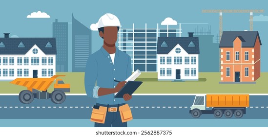 An illustration depicting a construction professional at a residential development site. The scene shows a worker wearing a hard hat and safety gear, holding a clipboard against a backdrop of suburban