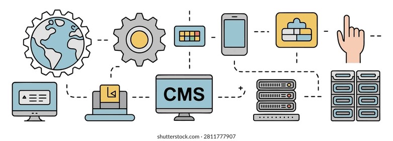 An illustration depicting a content management system (CMS) workflow, showing various interconnected digital components like a globe, gears, computers, a smartphone, a firewall, servers, and data storage. This line art vector illustrates the process of managing and delivering digital content across different platforms.