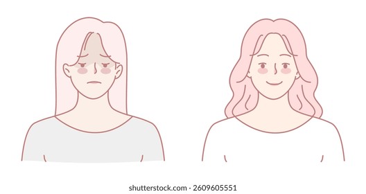 Illustration depicting contrasting emotional expressions: sadness and happiness in character design.