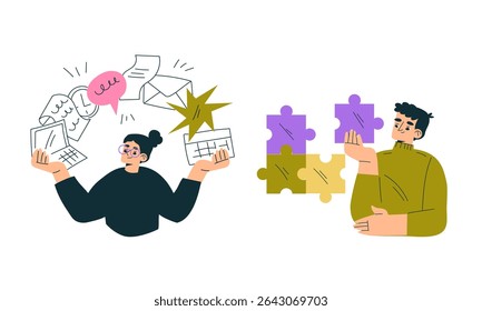 An Illustration Depicting Creative Brainstorming and Engaging Puzzle Solving Activities