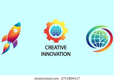Una ilustración que representa la innovación creativa, el lanzamiento tecnológico y el progreso ambiental global con coloridos iconos degradados sobre un fondo azul claro.