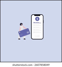 An illustration depicting a credit card payment process. The scene shows a hand holding a credit card, with a digital payment terminal or mobile device .