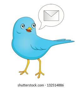 An illustration depicting a cute cartoon blue bird bringing a message. Eps 10 Vector.