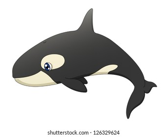 An illustration depicting a cute cartoon killer whale swimming. Eps 10 Vector.