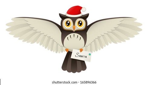 An Illustration depicting a cute owl in a Santa hat delivering a letter to the north pole. Eps 10 Vector.