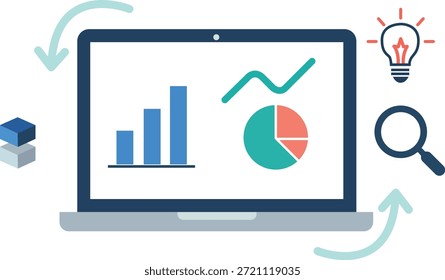 Una ilustración que representa el análisis de datos y la inteligencia de negocios en una computadora portátil. La pantalla muestra varias representaciones gráficas que incluyen un gráfico de barras, un gráfico de líneas y un gráfico circular, que simbolizan una visualización completa de datos. Alrededor de la computadora portátil hay iconos temáticos: dos cubos apilados que representan datos o bloques de información, una flecha hacia abajo que sugiere entrada o flujo, una bombilla iluminada que significa ideas o conocimientos derivados del análisis, una lupa que indica investigación o examen detallado y una flecha hacia arriba que sugiere salida, mejora o un proceso cíclico. Esta Imagen transmite el concepto de transformar los datos brutos en ideas procesables a través de herramientas digitales y procesos analíticos, esenciales para la toma de decisiones estratégicas y el crecimiento del negocio.