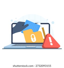 Illustration depicting a data breach and sensitive information theft. Concept for cybersecurity threats, digital hacking, and protection of personal or corporate data.