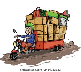 illustration depicting a delivery person driving a three-wheeled vehicle carrying a full load