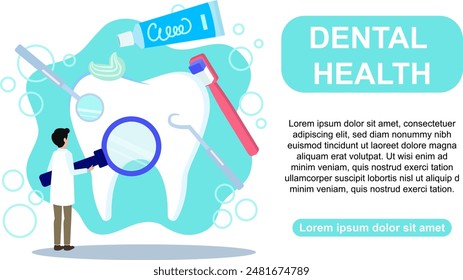 Ilustración que representa la salud dental con un diente, cepillo de dientes, pasta de dientes y herramientas dentales. Ideal para el cuidado dental y temas de higiene.