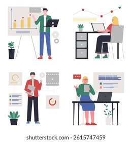 Illustration depicting a diverse team collaborating on various business projects, showcasing teamwork and productivity in a modern office setting.