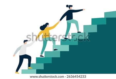  An illustration depicting a diverse team collaborating and supporting each other while climbing a set of stairs, symbolizing collective progress and success.