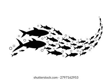 Illustration depicting a dynamic school of fish moving in unison, showcasing natural aquatic behavior and group coordination patterns.