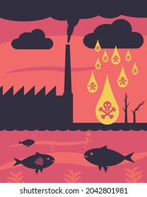 An illustration depicting the effects of toxic air pollution from a factory chimney on the environment,  in the form of Acid Rain falling into the sea and impacting marine life.