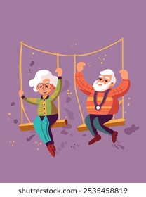 An illustration depicting an elderly couple, a man and a woman, joyfully swinging on two swings.  They appear carefree and happy, conveying a sense of fun, youth and active aging.