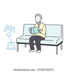 An illustration depicting an elderly man reading a book while waiting his turn in a waiting room.Original artwork created by me using illustration software. No AI used.