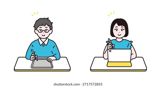 Ilustração mostrando alunos do ensino fundamental usando tablets para aprender. Arte original criada por mim usando software de ilustração. Nenhuma IA usada.