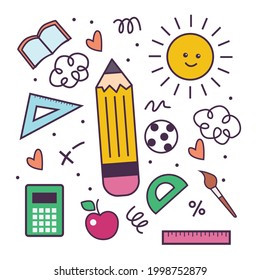Ilustración que muestra elementos relacionados con el conocimiento y la escuela. Ilustración del vector