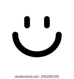 Illustration depicting an emoticon with a smile, black, on a white background.