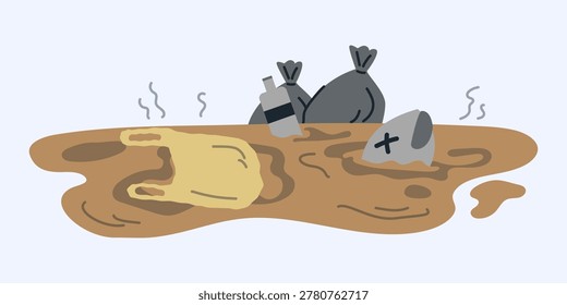 An illustration depicting environmental pollution with plastic trash bags, bottles, and other waste floating on a brown, murky liquid.