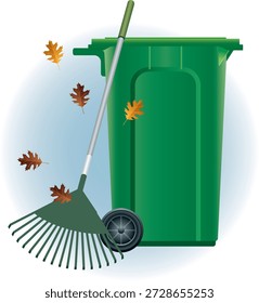 Una ilustración que representa herramientas esenciales para el mantenimiento del jardín de otoño, con un rastrillo de hojas y un cubo de basura verde utilizado para recolectar hojas caídas y desechos del jardín. Esta Imagen representa el trabajo de jardinería estacional y las actividades de limpieza al aire libre de otoño.