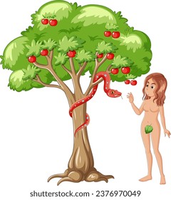 Illustration, die Eve zeigt, wie er mit einer Schlange Apfel vom Baum pflückte, in der biblischen Geschichte Adam und Eve