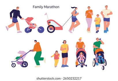 Uma ilustração mostrando famílias participando de uma maratona ou corrida, com pais correndo ao lado de crianças em carrinhos e reboques de bicicleta, promovendo um estilo de vida familiar saudável e ativo.