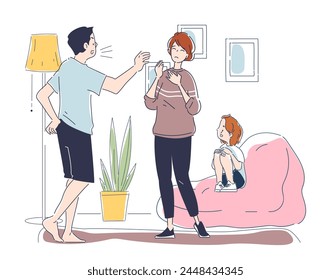 Illustration depicting a family conflict with a shouting man, a distressed woman, and a child on a couch, illustrated on a white background, representing domestic tension. Vector illustration