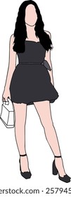 Illustration depicting a fashion-conscious individual in a short black dress and high heels, exuding sophistication and grace, ideal for themes of apparel, style, and conceptual representation.