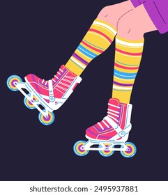 Illustration depicting female legs on pink roller skates and long striped knee socks. Roller disco concept from the 70s or 80s. Bright poster on a black isolated background. Flat style.