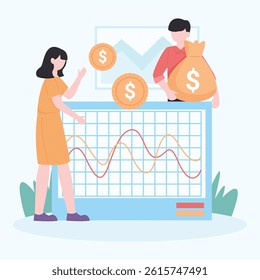 Illustration depicting financial success, showing people reviewing investment charts and analyzing profits with money and coins.