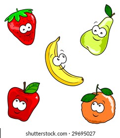 Illustration depicting five different fruits with human faces