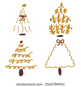 Illustration depicting four unique festive Christmas tree designs drawn in artistic, minimal styles. Perfect for holiday card designs, seasonal decor themes, or creative digital Christmas projects.