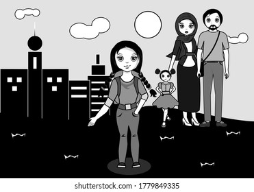 The illustration depicting a friendly Muslim family.
