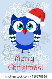 Illustration depicting a funny cartoon owl in Santa's cap, congratulate on Christmas